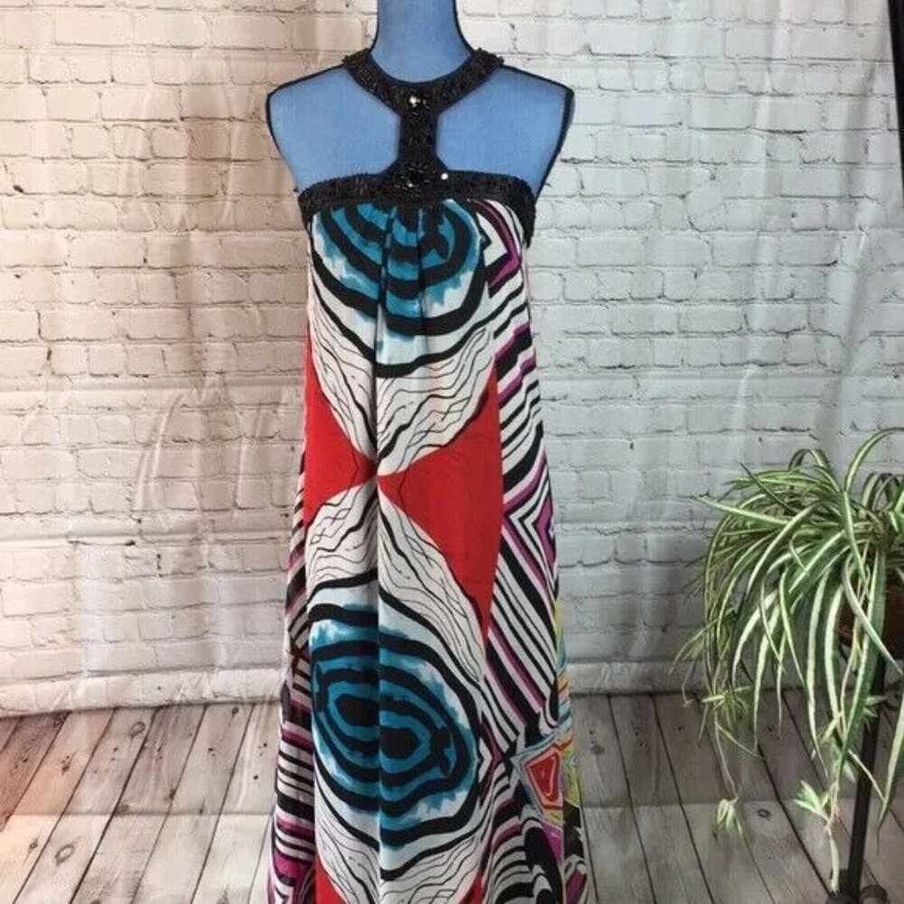 NWT Authentic Icon Halter Maxi Dress Beaded Detail Multicolored Medium